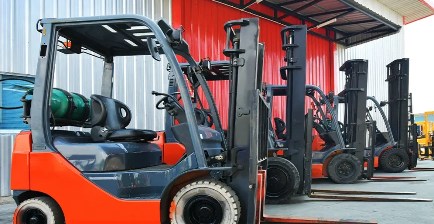 Empilhadeiras usadas estacionadas em pátio industrial, prontas para operação.