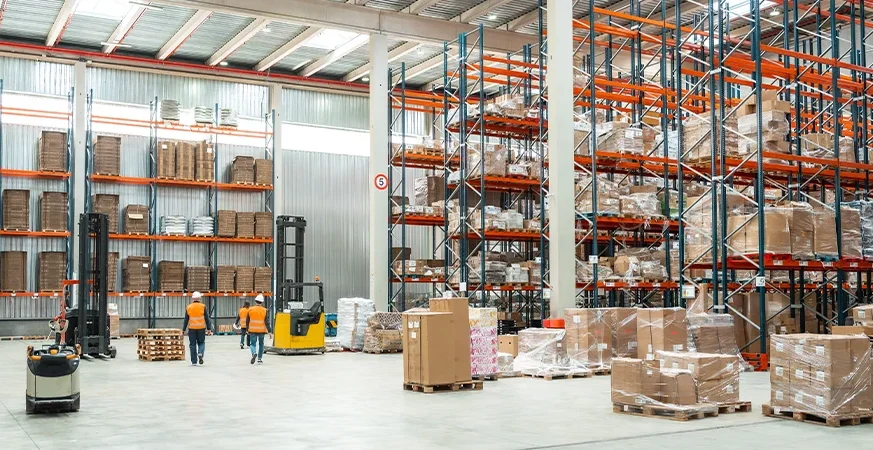 Operadores em um armazém realizando atividades de intralogística com empilhadeiras e pallets.