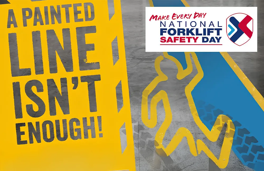 Arte do National Forklift Safety Day destacando a importância da segurança no uso de empilhadeiras.