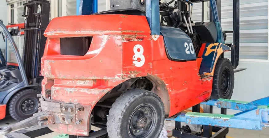 Empilhadeira em processo de manutenção dentro de uma oficina industrial. Crédito: © navintar / Adobe Stock