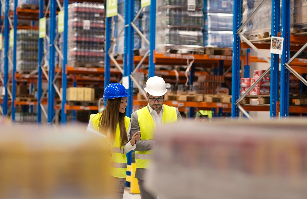 Profissionais de logística analisando documentos em um armazém, usando equipamentos de segurança e coletes refletivos.