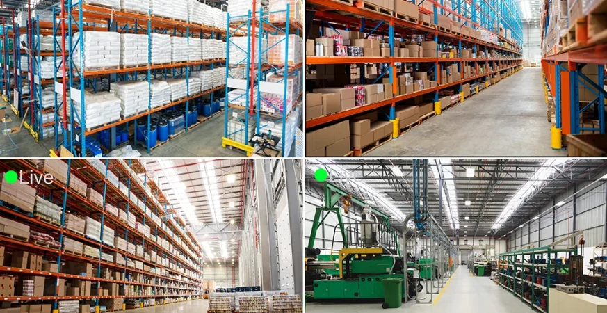 Imagens internas de armazéns logísticos com estantes altas, pallets organizados e área industrial.