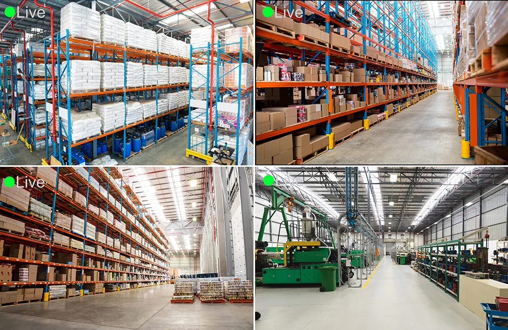 Imagens internas de armazéns logísticos com estantes altas, pallets organizados e área industrial.