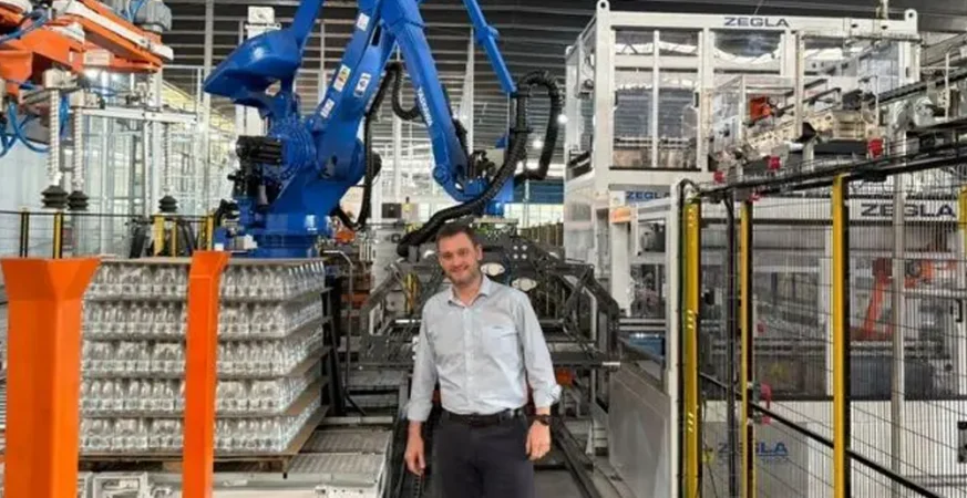 Linha industrial com robô de paletização operando em ambiente automatizado.