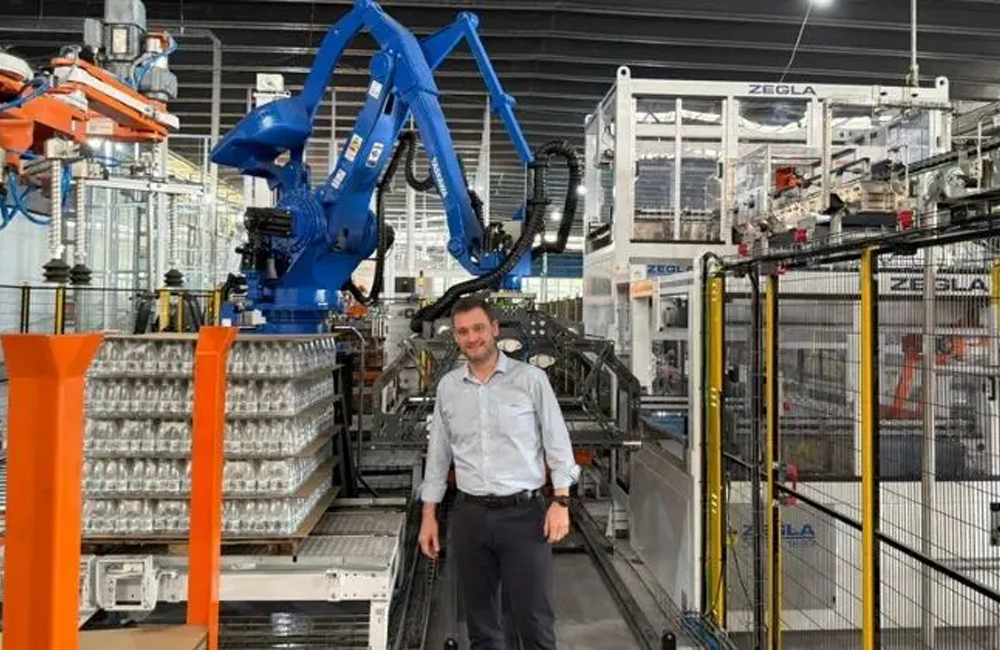 Linha industrial com robô de paletização operando em ambiente automatizado.