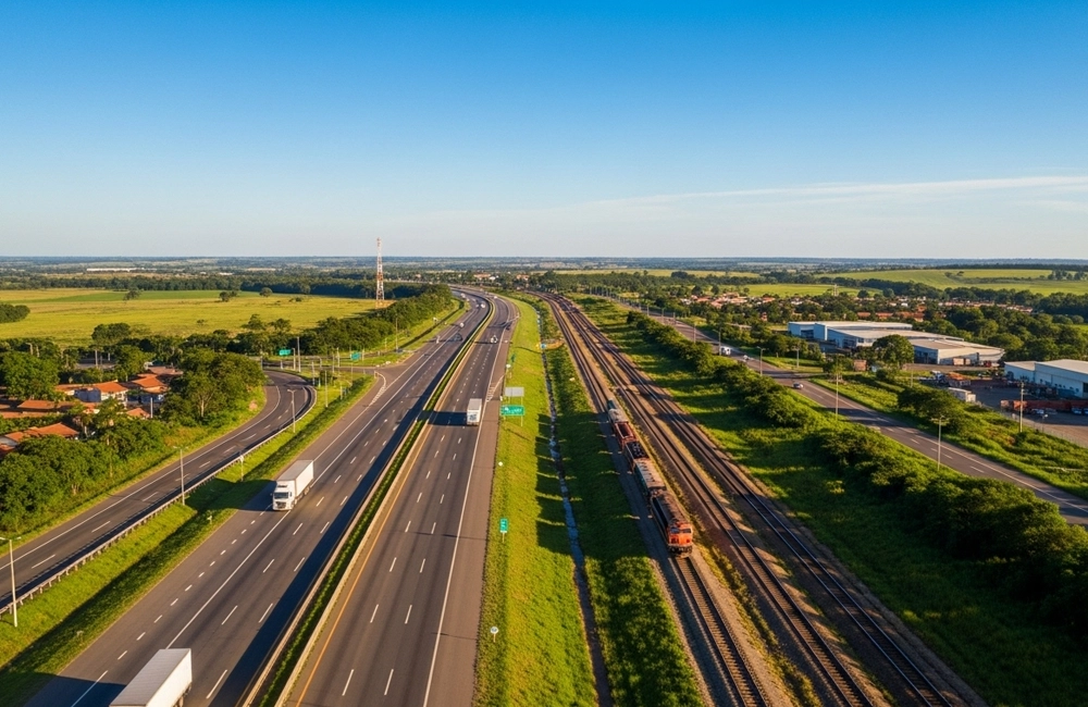 Vista aérea de rodovia e ferrovia paralelas, representando corredores logísticos nacionais e integração entre modais no Brasil.