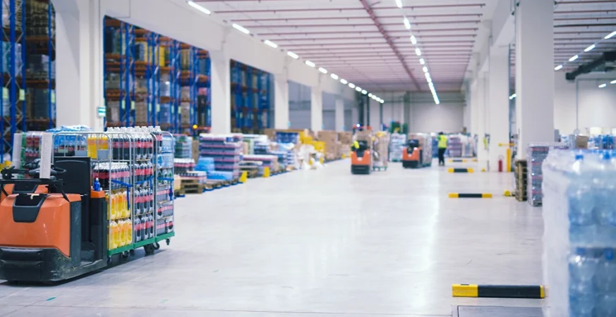 Galpão logístico moderno com paleteiras elétricas operando entre corredores amplos, destacando eficiência energética na intralogística.