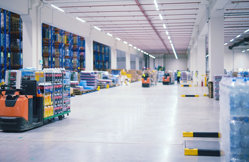 Galpão logístico moderno com paleteiras elétricas operando entre corredores amplos, destacando eficiência energética na intralogística.