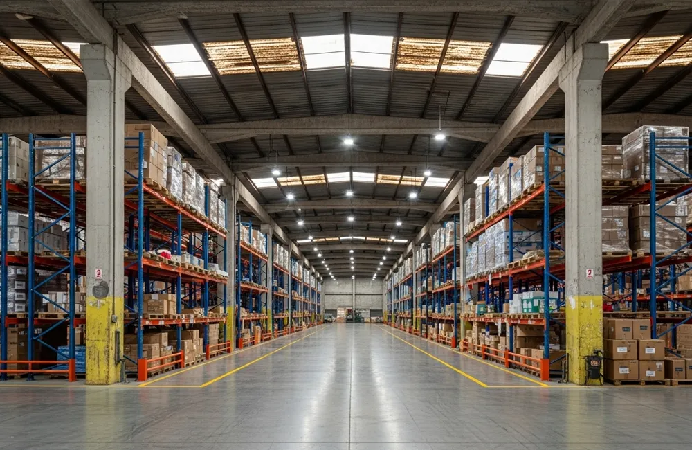 Interior de um galpão logístico moderno e organizado após retrofit, com piso de concreto polido, faixas amarelas de segurança, e altas estantes metálicas azuis e laranjas cheias de mercadorias em paletes sob iluminação industrial.