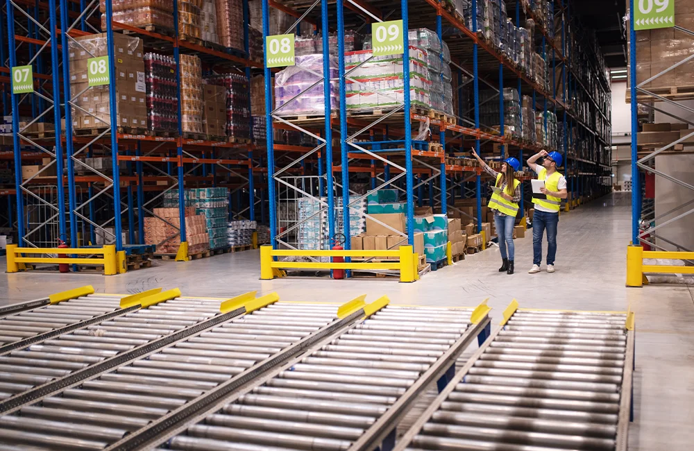 Equipe analisando estoque em hub logístico com porta-pallets e área de movimentação de cargas.