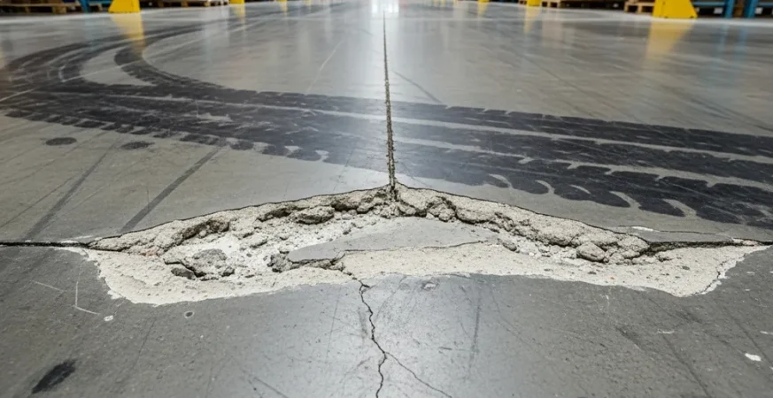 Detalhe de piso industrial de concreto com junta de dilatação danificada e esborcinada, mostrando marcas de pneus e desgaste superficial que causam vibração em empilhadeiras.
