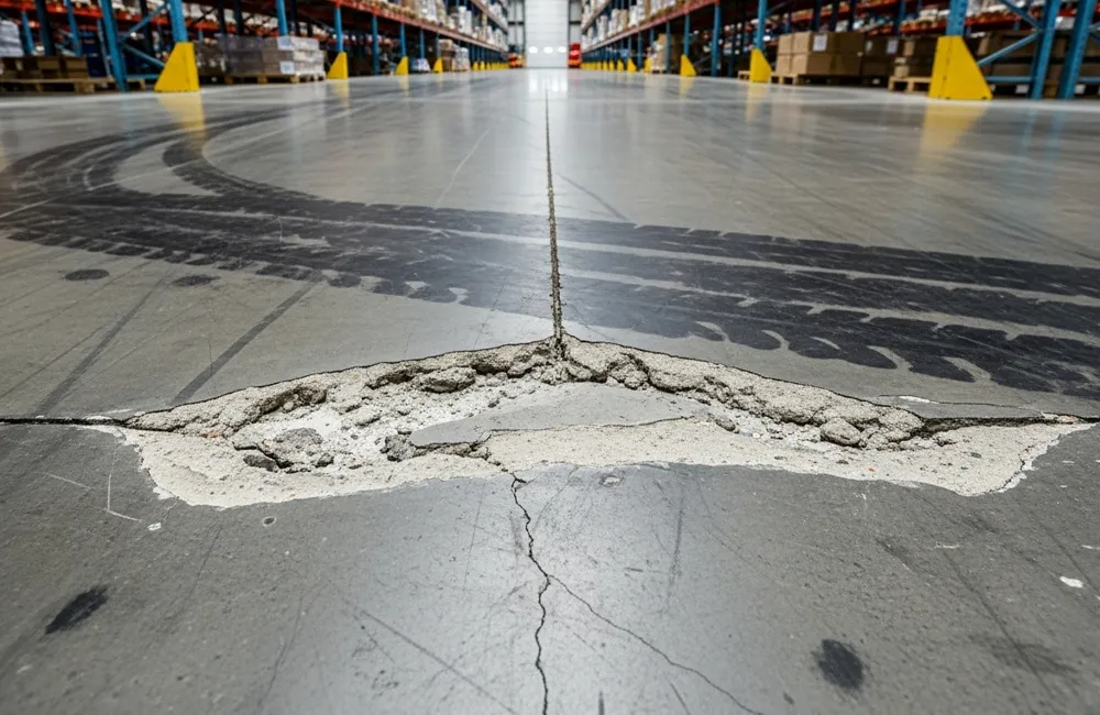 Detalhe de piso industrial de concreto com junta de dilatação danificada e esborcinada, mostrando marcas de pneus e desgaste superficial que causam vibração em empilhadeiras.