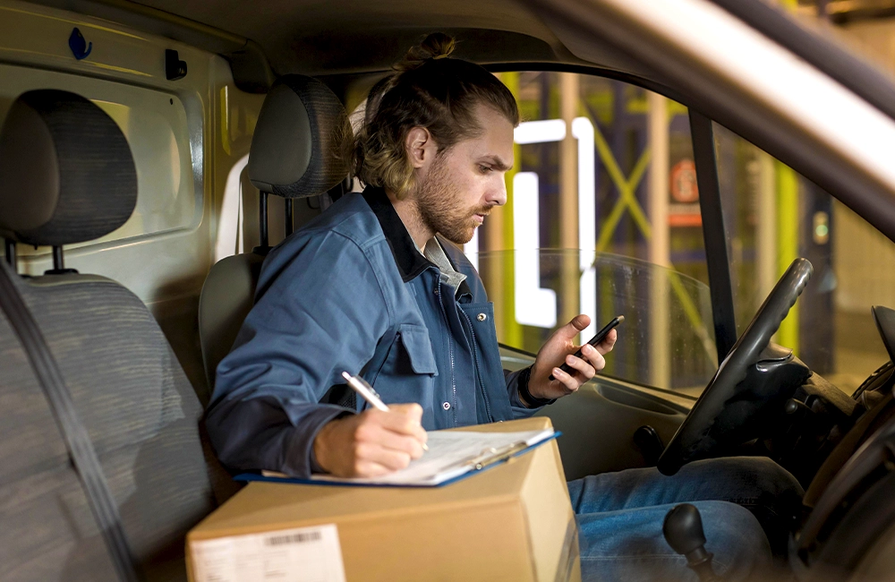 Entregador dentro da van conferindo pedido e registrando informação no celular durante operação de last mile.