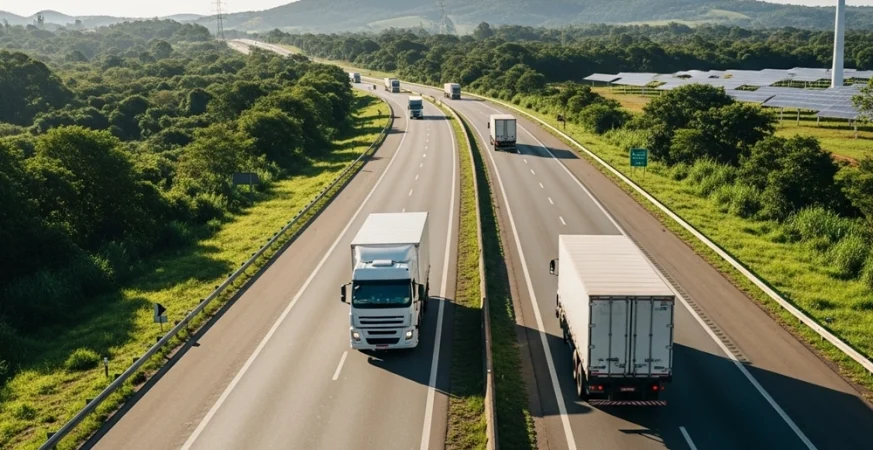 Caminhões trafegando em rodovia cercada por áreas verdes e energia renovável, representando práticas de logística de baixo carbono no Brasil.
