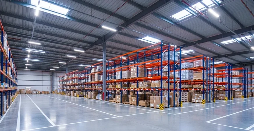 Interior de um centro de distribuição moderno e aparentemente organizado, com corredores limpos e estantes altas, usado para ilustrar a discussão sobre custos ocultos que não aparecem visualmente.