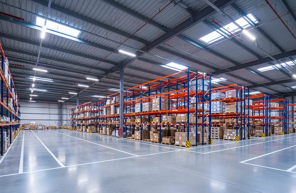 Interior de um centro de distribuição moderno e aparentemente organizado, com corredores limpos e estantes altas, usado para ilustrar a discussão sobre custos ocultos que não aparecem visualmente.