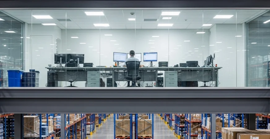 Centro de distribuição brasileiro visto do piso com mezanino envidraçado e operação organizada sob supervisão do WMS.