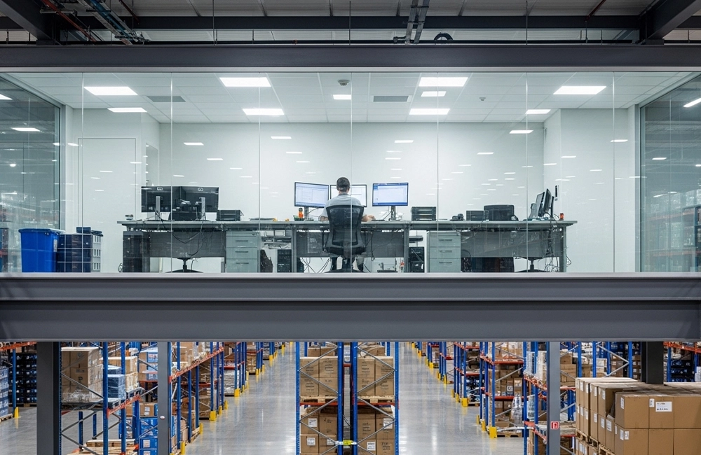Centro de distribuição brasileiro visto do piso com mezanino envidraçado e operação organizada sob supervisão do WMS.