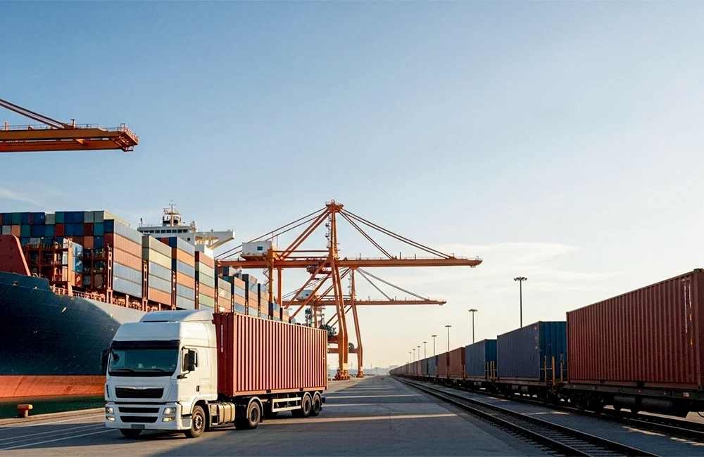 Operação logística multimodal com caminhão, navio porta-contêiner e vagões ferroviários, ilustrando integração entre modais no Brasil.