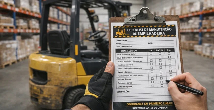 Técnico de manutenção de empilhadeiras preenchendo checklist em prancheta dentro de um centro de distribuição com empilhadeira amarela ao fundo.