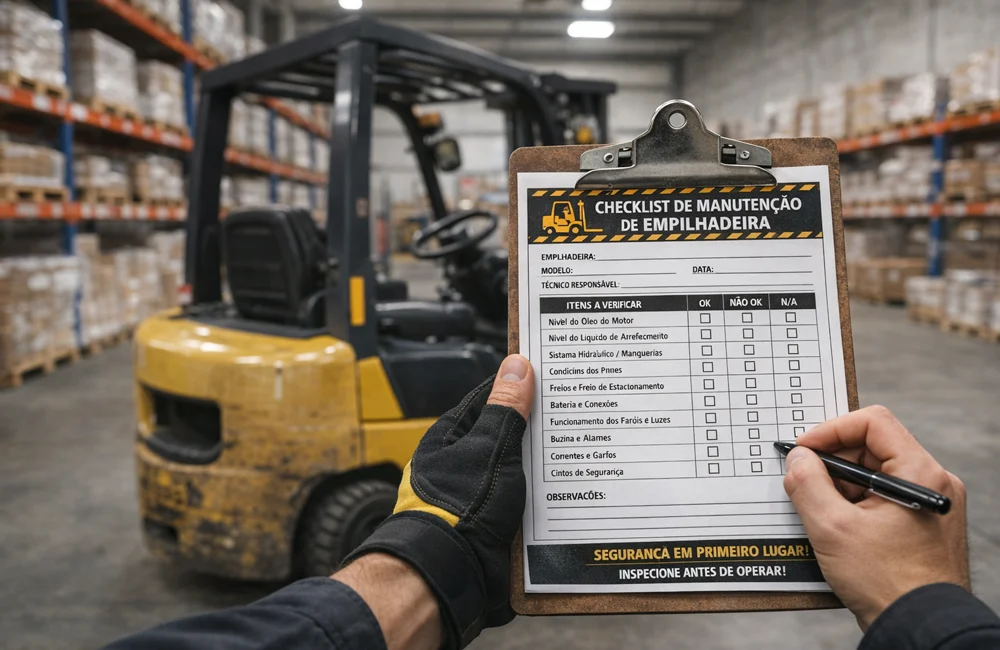 Técnico de manutenção de empilhadeiras preenchendo checklist em prancheta dentro de um centro de distribuição com empilhadeira amarela ao fundo.
