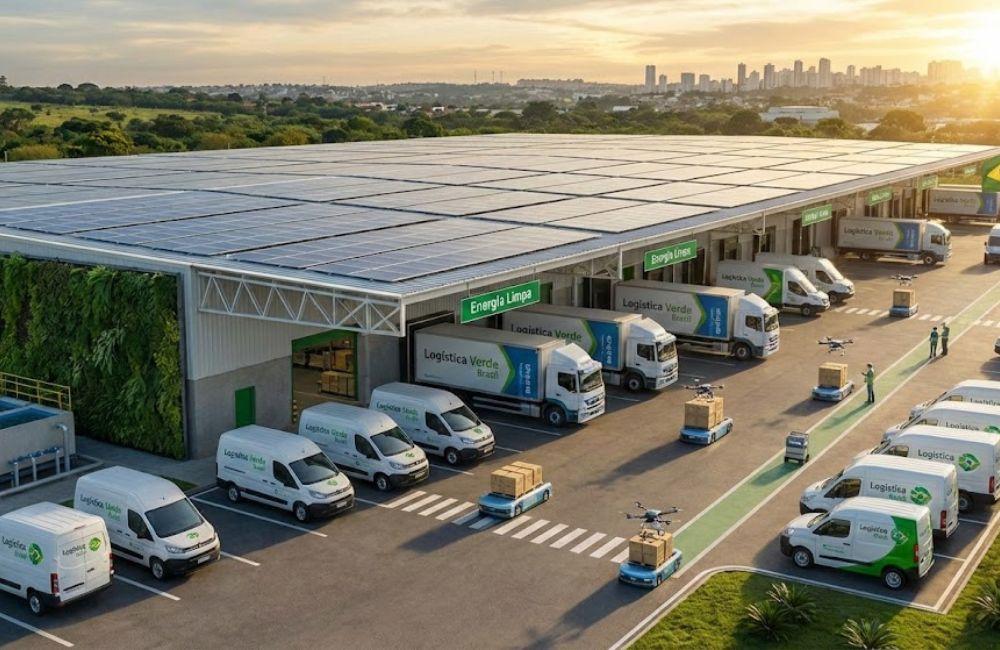 Representação de logística verde 2.0 com rastreabilidade de emissões de carbono e tecnologias sustentáveis para varejo em 2026